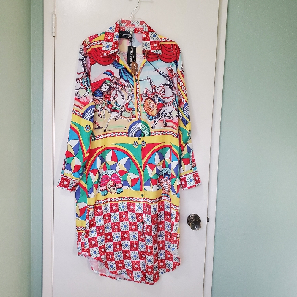 Stella Marina Collezione Women's Sicilian Cart Quirky Long Shirt Dress XL NWT